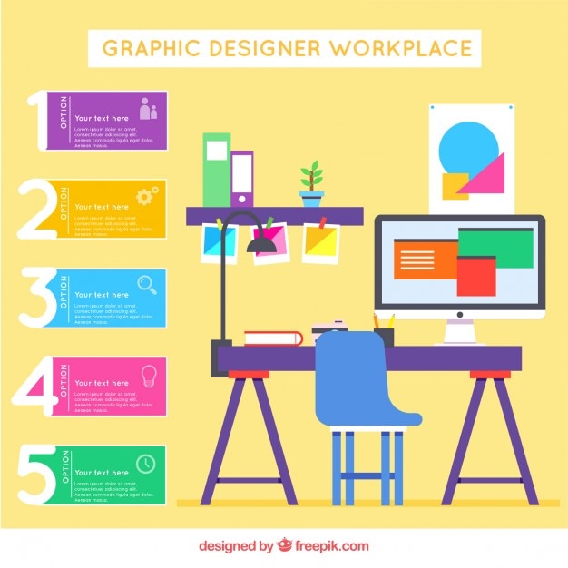 Vector gratuito infografía plana de espacio de trabajo de diseñador gráfico