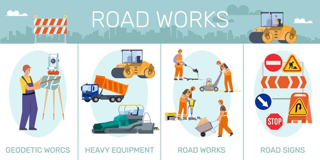 Infografía plana de reparación de carreteras que representa las señales de tráfico de equipos pesados e ilustración vectorial de trabajos geodésicos