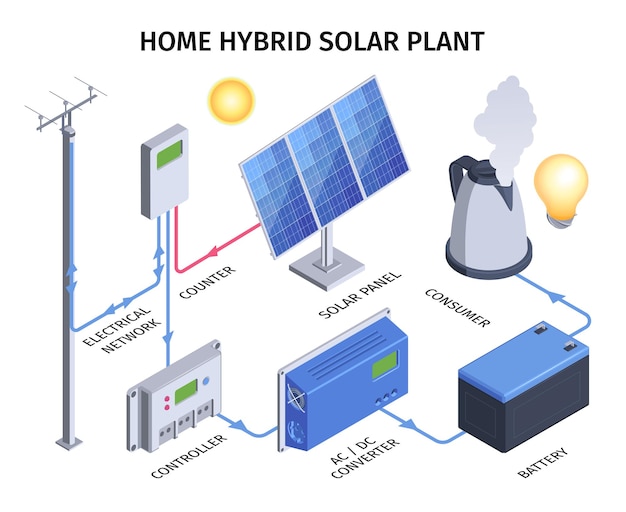 Infografía de planta solar híbrida casera con red eléctrica.