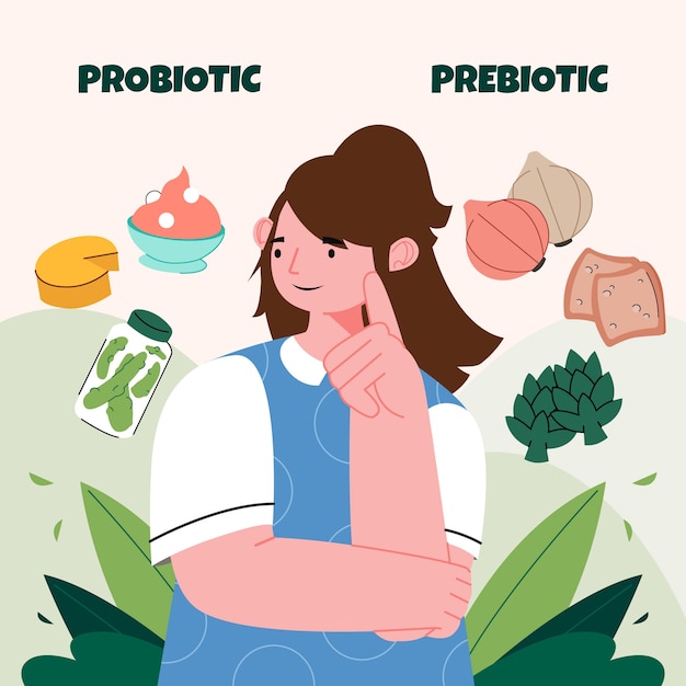 Infografía de probióticos y prebióticos dibujada a mano