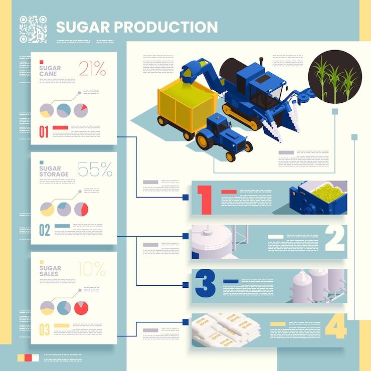 Vector gratuito infografía de producción de azúcar información sobre recolección de caña de azúcar procesamiento almacenamiento y venta ilustración vectorial isométrica