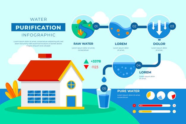 Infografía de purificación de agua plana de la industria.