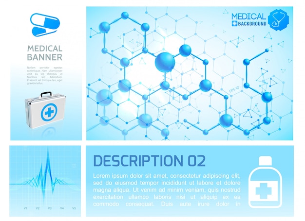 Vector gratuito infografía sanitaria infografía azul con caja médica realista ritmo cardíaco y estructura molecular