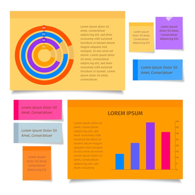 Vector gratuito infografía de tableros de notas adhesivas en diseño plano.