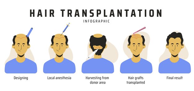 Infografía de trasplante capilar dibujada a mano