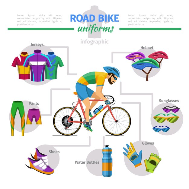 Infografía de vector de uniformes de bicicleta de carretera. Bicicleta y guante, jersey y casco, zapatos cómodos ilustración.
