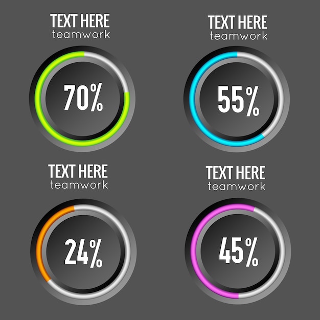 Infografía de venta de negocios web con botones redondos, bordes coloridos y tasas de porcentaje