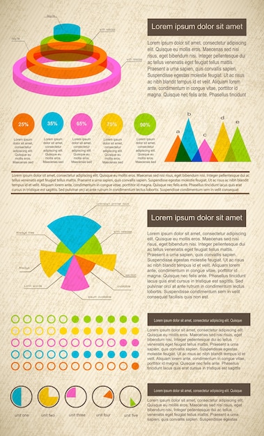 Infografía vintage en colores brillantes con campos de texto de diagramas y estadísticas