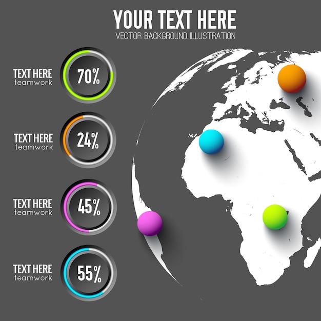 Infografía web empresarial con porcentaje de botones redondos y bolas de colores en el mapa global