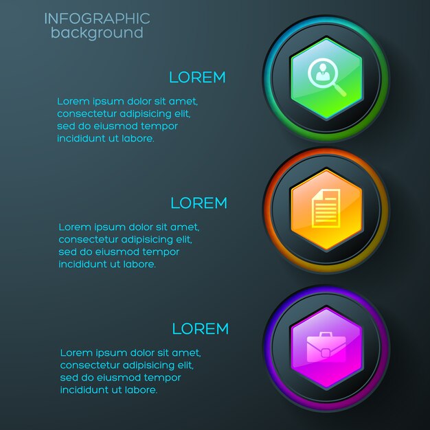Infografía web con iconos de negocios coloridos hexágonos y anillos brillantes