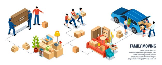 Infografías de mudanzas familiares con mudanzas de pertenencias empacadas que llevan muebles, personas que cargan cajas en el automóvil, ilustración vectorial isométrica 3d