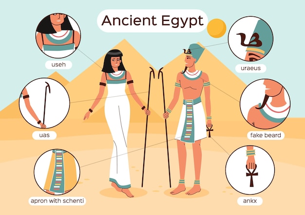 Infografías planas de historia de la moda con habitantes masculinos y femeninos del antiguo egipto y elementos de su ropa ilustración vectorial