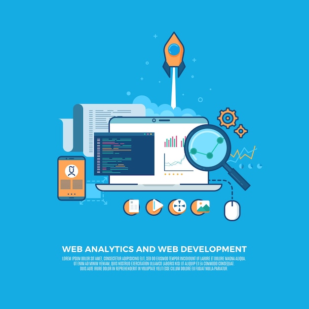 Vector gratuito información de análisis web y fondo de concepto plano de desarrollo de sitios web.