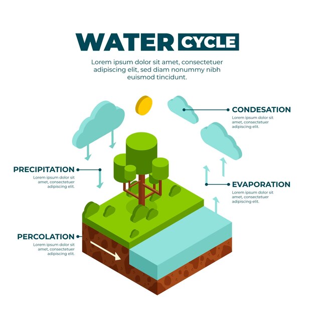 Información isométrica del ciclo del agua.