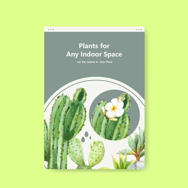 Información sobre el diseño de plantillas de plantas de verano y plantas de interior para folleto, ilustración acuarela de folleto