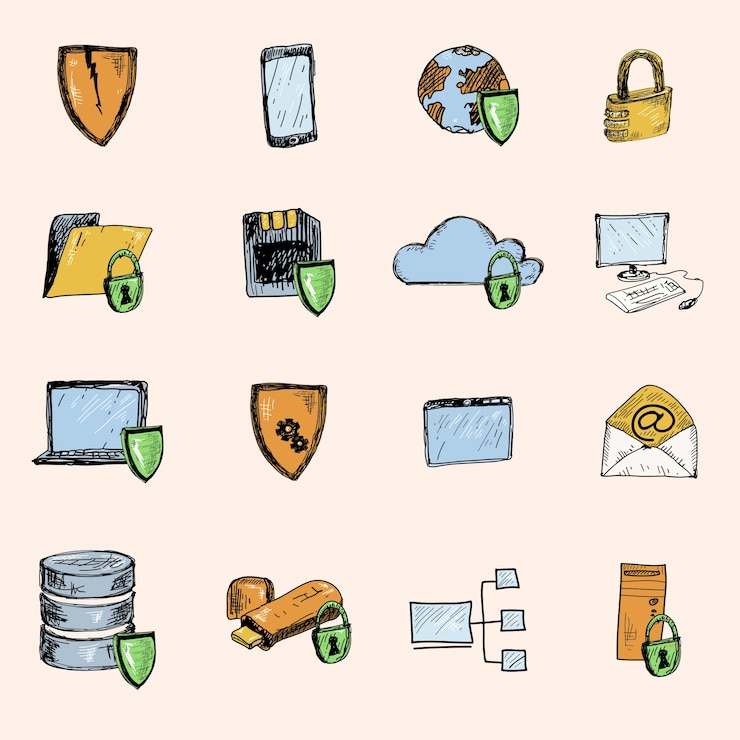 Vector gratuito informática de protección de datos e intercambio de información segura boceto iconos conjunto de colores ilustración vectorial aislados