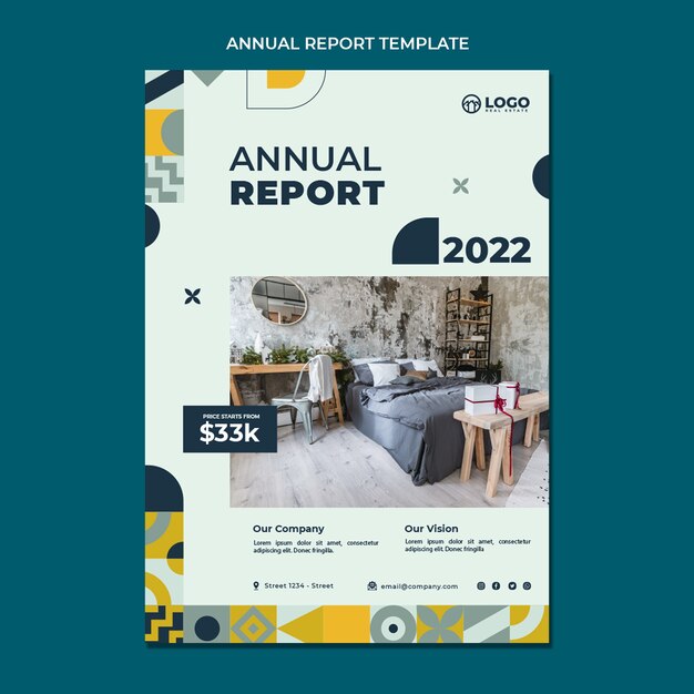 Informe anual de inmobiliaria geométrica de diseño plano