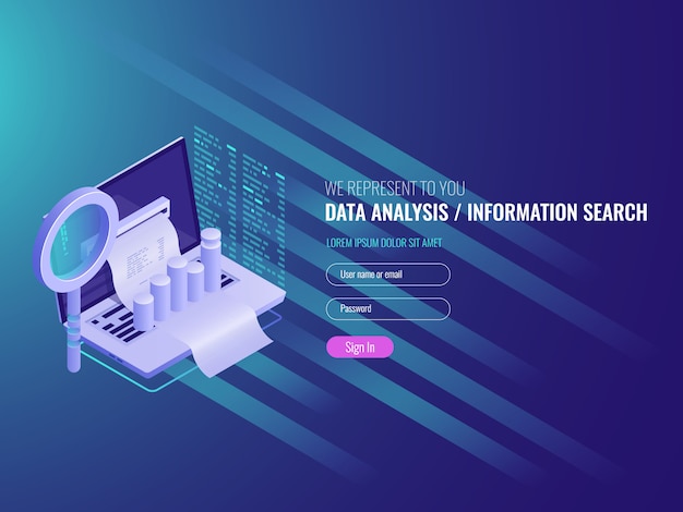 El informe en la computadora, programa de estadísticas y análisis