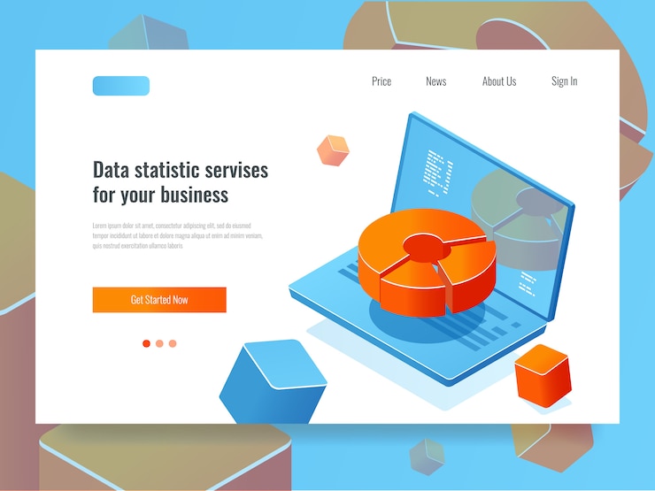 Vector gratuito informe de datos, análisis y análisis de negocios, computadora portátil con diagrama circular, programación