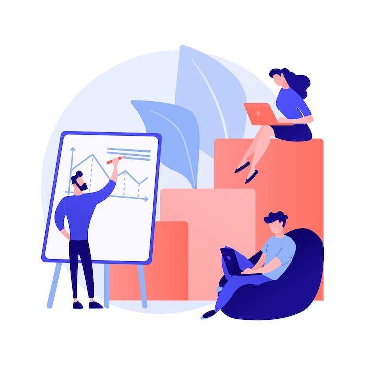 Vector gratuito informe financiero empresarial. personajes de dibujos animados de empresarios que escriben un plan de negocios, analizan datos y estadísticas. gráfico, información, investigación.
