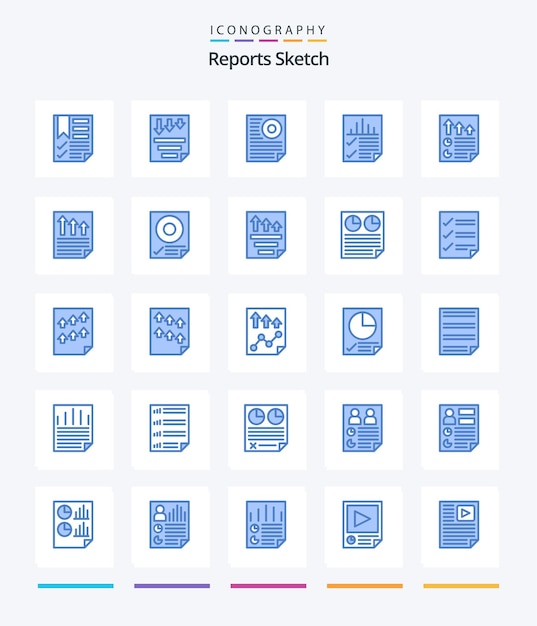 Informes creativos Sketch 25 Paquete de iconos azules como la carta de informe de papel de datos de página