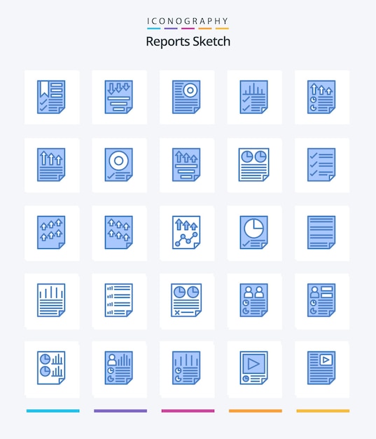 Vector gratuito informes creativos sketch 25 paquete de iconos azules como la carta de informe de papel de datos de página