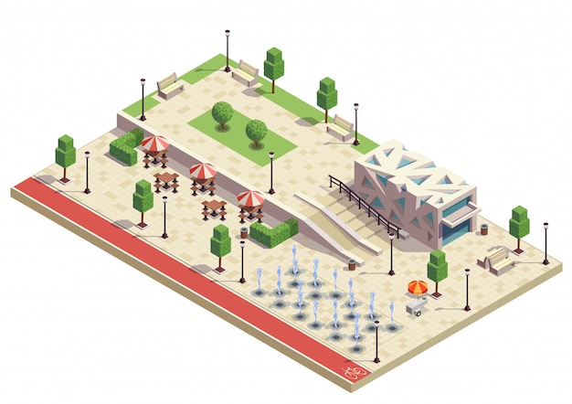 Infraestructura del parque de la ciudad instalaciones composición isométrica con fuentes secas muebles de café al aire libre moderno edificio público