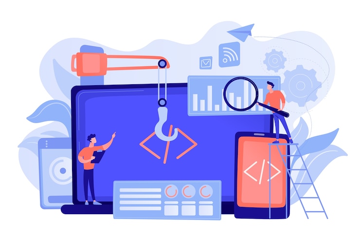 Vector gratuito ingeniero y desarrollador con código para laptop y tableta. desarrollo multiplataforma, sistemas operativos multiplataforma y concepto de entornos de software. ilustración aislada de bluevector coral rosado