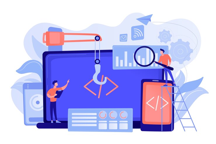 Vector gratuito ingeniero y desarrollador con código para laptop y tableta. desarrollo multiplataforma, sistemas operativos multiplataforma y concepto de entornos de software. ilustración aislada de bluevector coral rosado