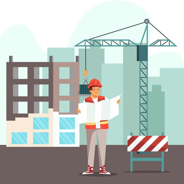 Ingeniero de diseño plano orgánico trabajando en construcción