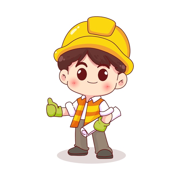 Ingeniero trabajador o trabajador de la construcción capataz personaje dibujado a mano ilustración de dibujos animados