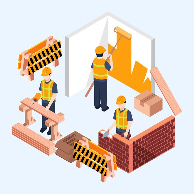 Ingenieros de ilustración isométrica que trabajan en la construcción.