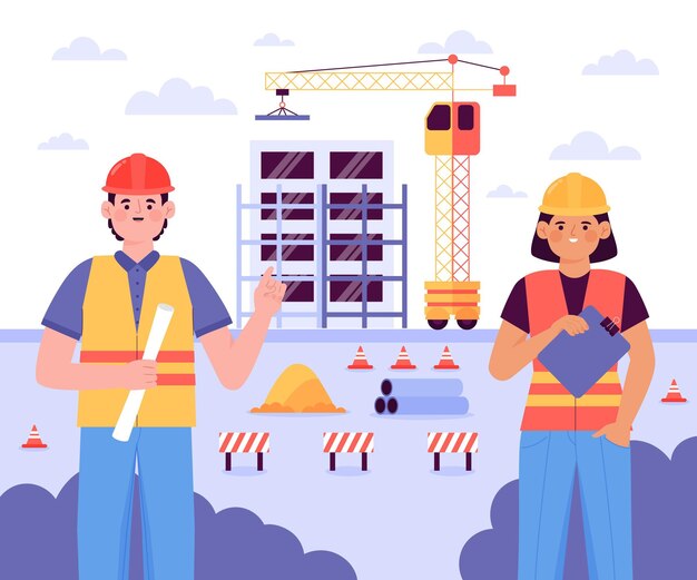 Ingenieros de ilustración plana que trabajan en la construcción