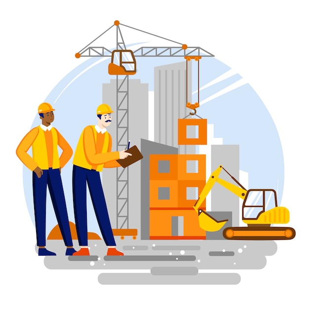 Ingenieros planos orgánicos que trabajan en la ilustración del sitio de construcción