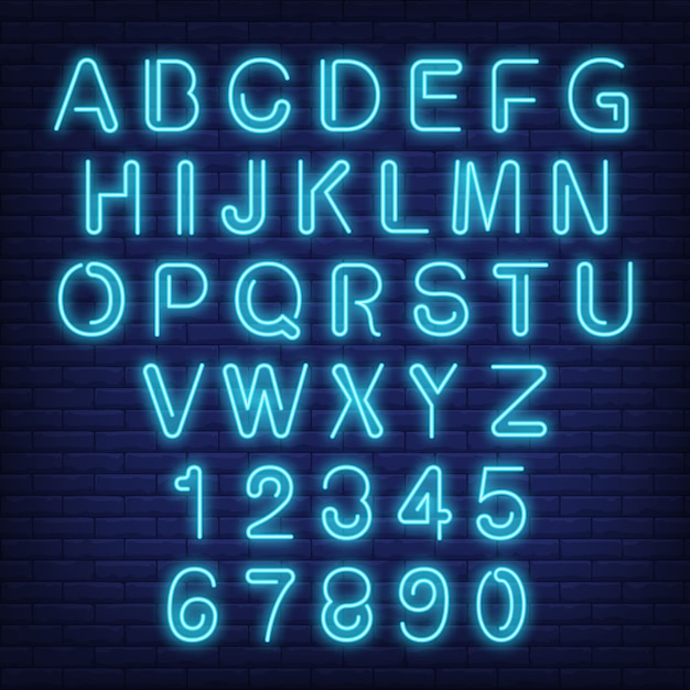 Inglés alfabeto y números. letrero de neón con letras azules.