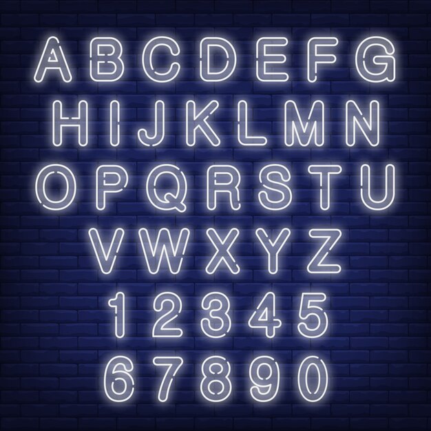 Inglés alfabeto y números. Letrero de neón con letras blancas.