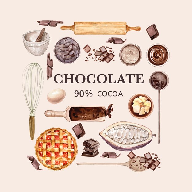 Ingredientes de acuarela de chocolate, hacer panadería de chocolate, hojas de cacao, mantequilla, ilustración