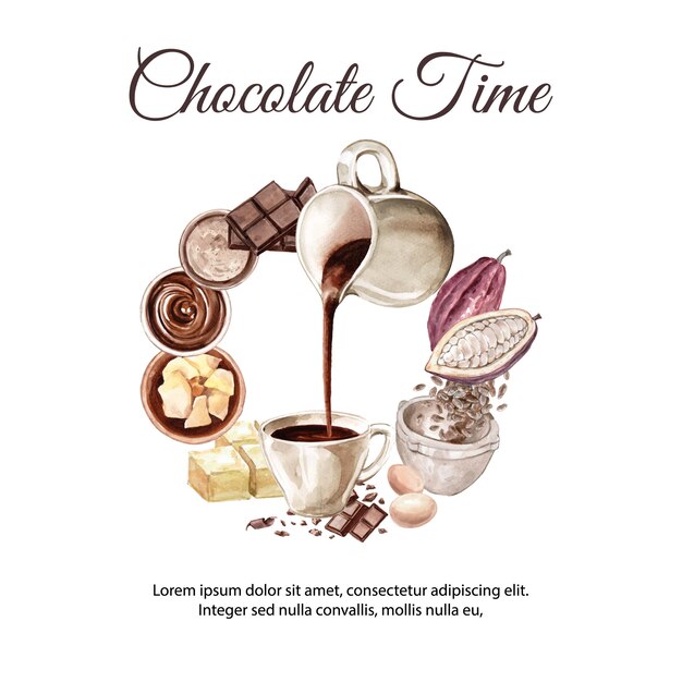 Ingredientes de acuarela de chocolate, haciendo cacoa de chocolate y ilustración de mantequilla.