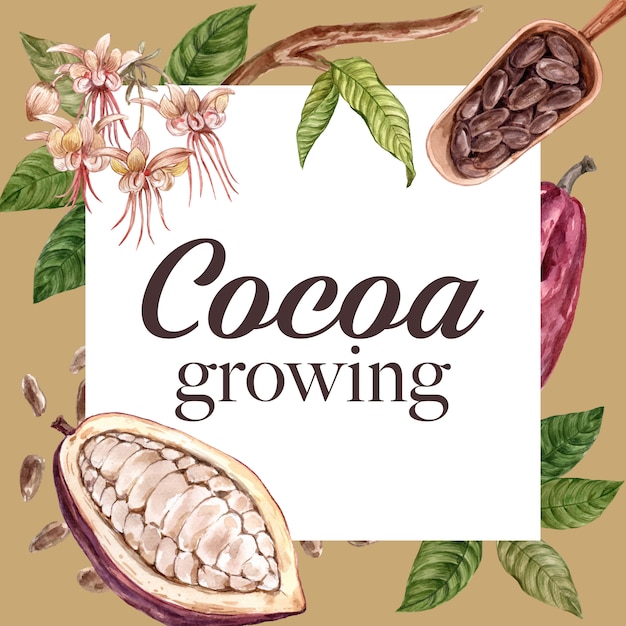 Ingredientes de acuarela de chocolate hojas de cacao, mantequilla, ilustración