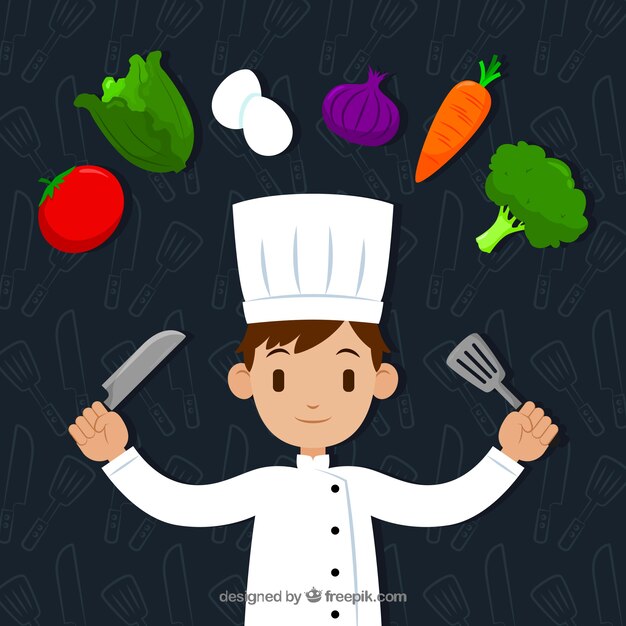 Ingredientes y chef feliz con diseño plano