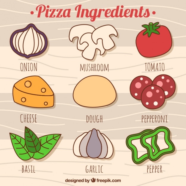 Vector gratuito ingredientes dibujados a mano para hacer una pizza