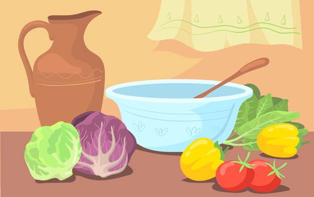Ingredientes para ensalada y cuenco en la ilustración de dibujos animados de mesa