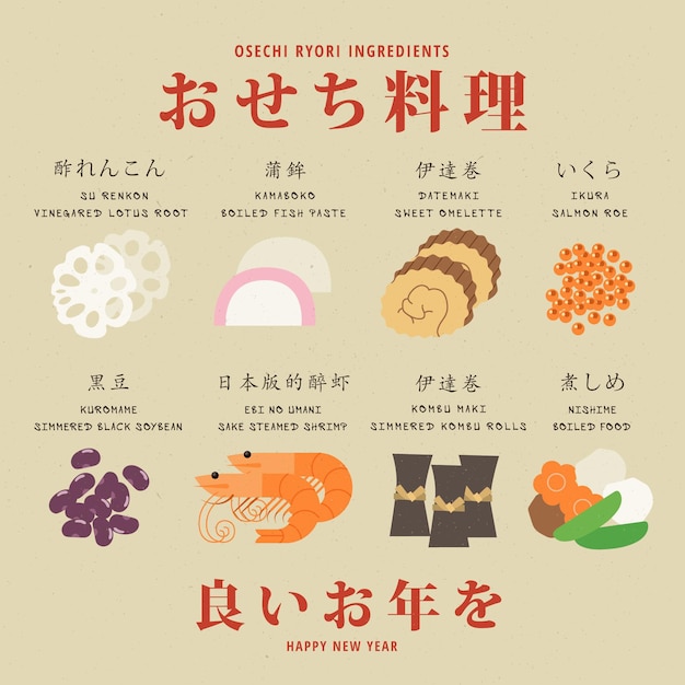 Vector gratuito ingredientes geométricos vintage de osechi ryori