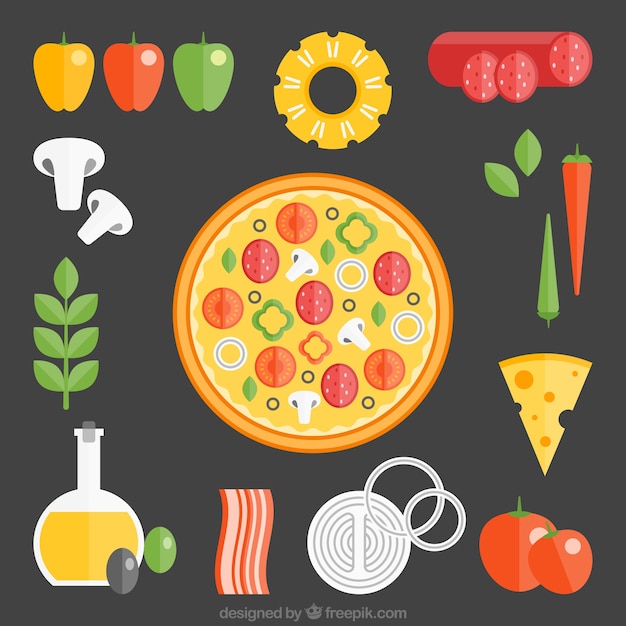 Vector gratuito ingredientes de la pizza sobre un fondo negro