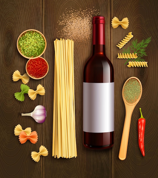 Ingredientes del plato de pasta seca con botella vino tinto cuchara de madera en salsa de chile cartel realista