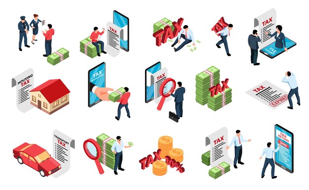 Ingresos declaración de impuestos en línea devolución servicio de contabilidad empleados negocios propietarios de bienes raíces conjunto isométrico ilustración vectorial aislada