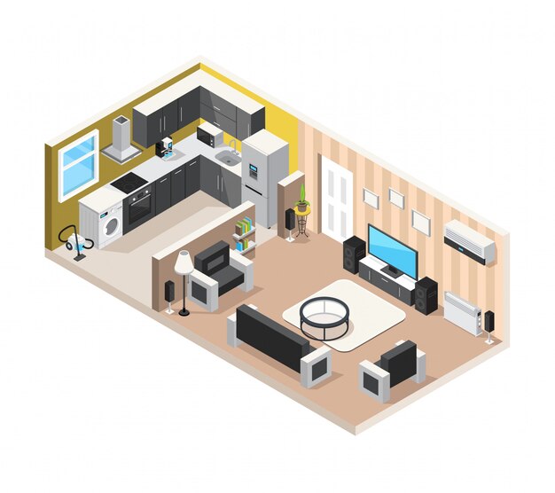 Inicio concepto de diseño isométrico interior con cocina, sala de estar y electrodomésticos