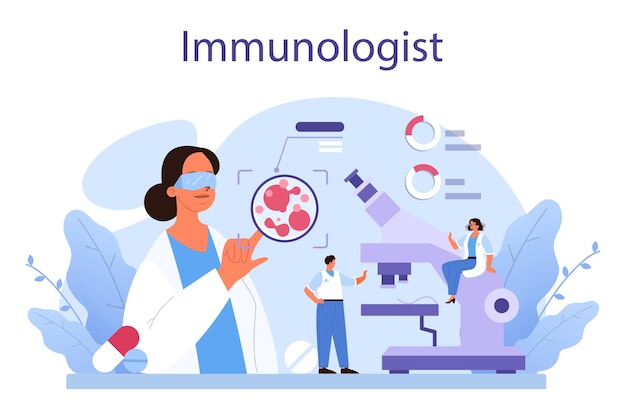 Inmunólogo profesional Idea de prevención de virus sanitarios Inmunoterapia y vacunación Ilustración vectorial aislada en estilo de dibujos animados