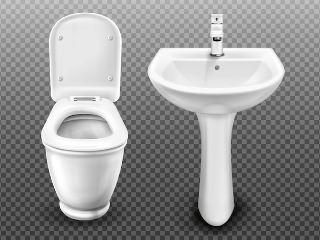 Inodoro blanco y lavabo para baño, WC moderno o baño. Lavabo de cerámica realista con grifo y lavabo con tanque de descarga y tapa de asiento abierta aislada sobre fondo transparente