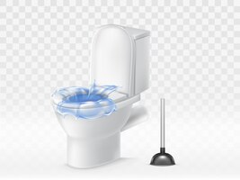 Vector gratuito inodoro estorbado realista 3d por completo de agua. el émbolo hizo limpieza del wc. salpicaduras, enrojecimiento